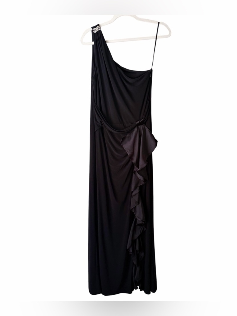 Betsy & Adam | One Shoulder Maxi Dress Gown Bow Ruffle Side Slit Black Size 12
